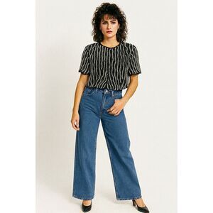 Vintage Jewel Queen Animal Print Black Silver Pure Silk Sequined Beaded Blouse M